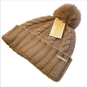 Michael Kors Brown Tan Cable Knit Hat with Pom